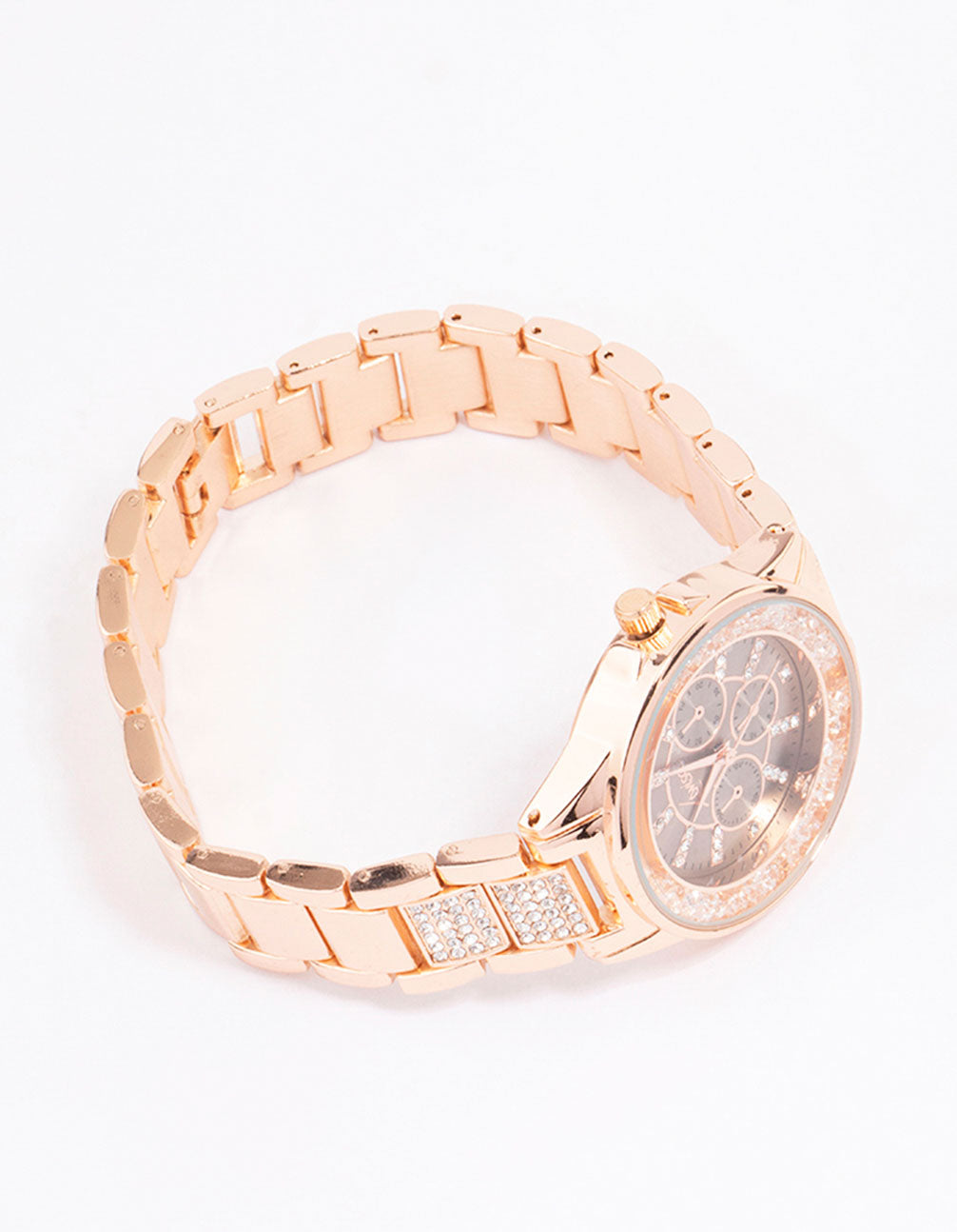 Stunning rose gold shaker diamante detailed watch with glitter accents, clear stone-look dial, round shape, chronograph design, link band strap, and formal occasion styling for women front view