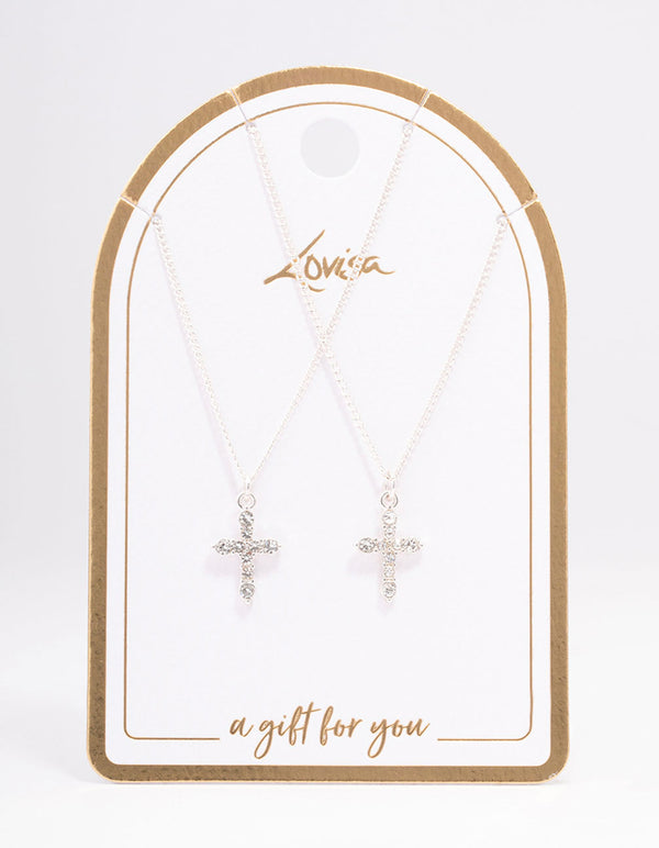 Silver Classic Diamante Cross Necklace Pack