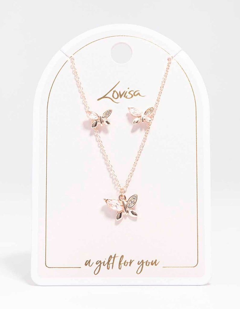 Rose Gold Diamante Butterfly Necklace Stud Earring Set Lovisa