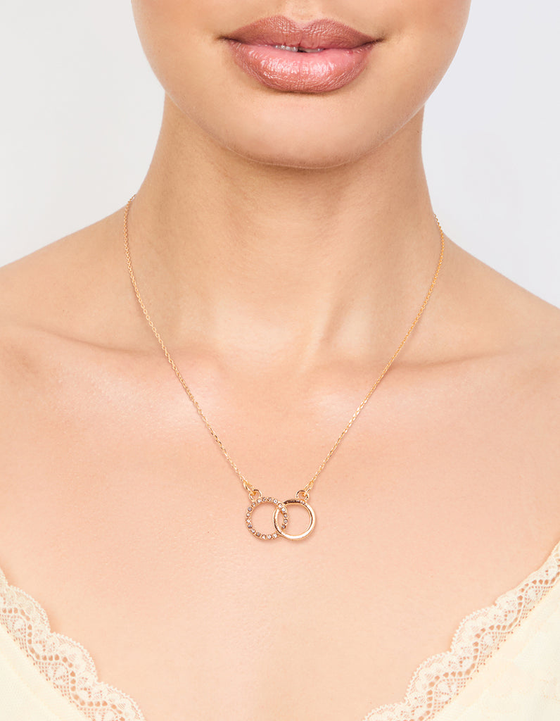 Gold Diamante Double Circle Link Pendant Necklace - Lovisa