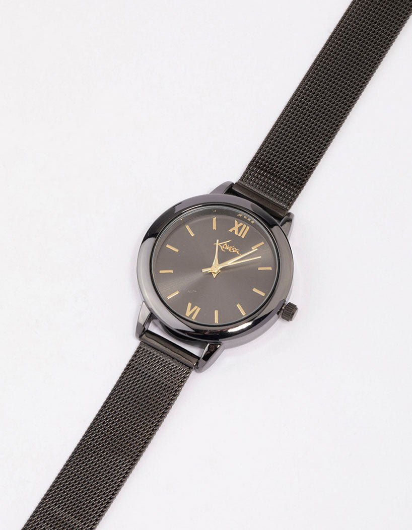 Elegant women's black thin simple mesh watch featuring roman numerals with a round dial shape designed for casual occasions in analog type watch face detail view
