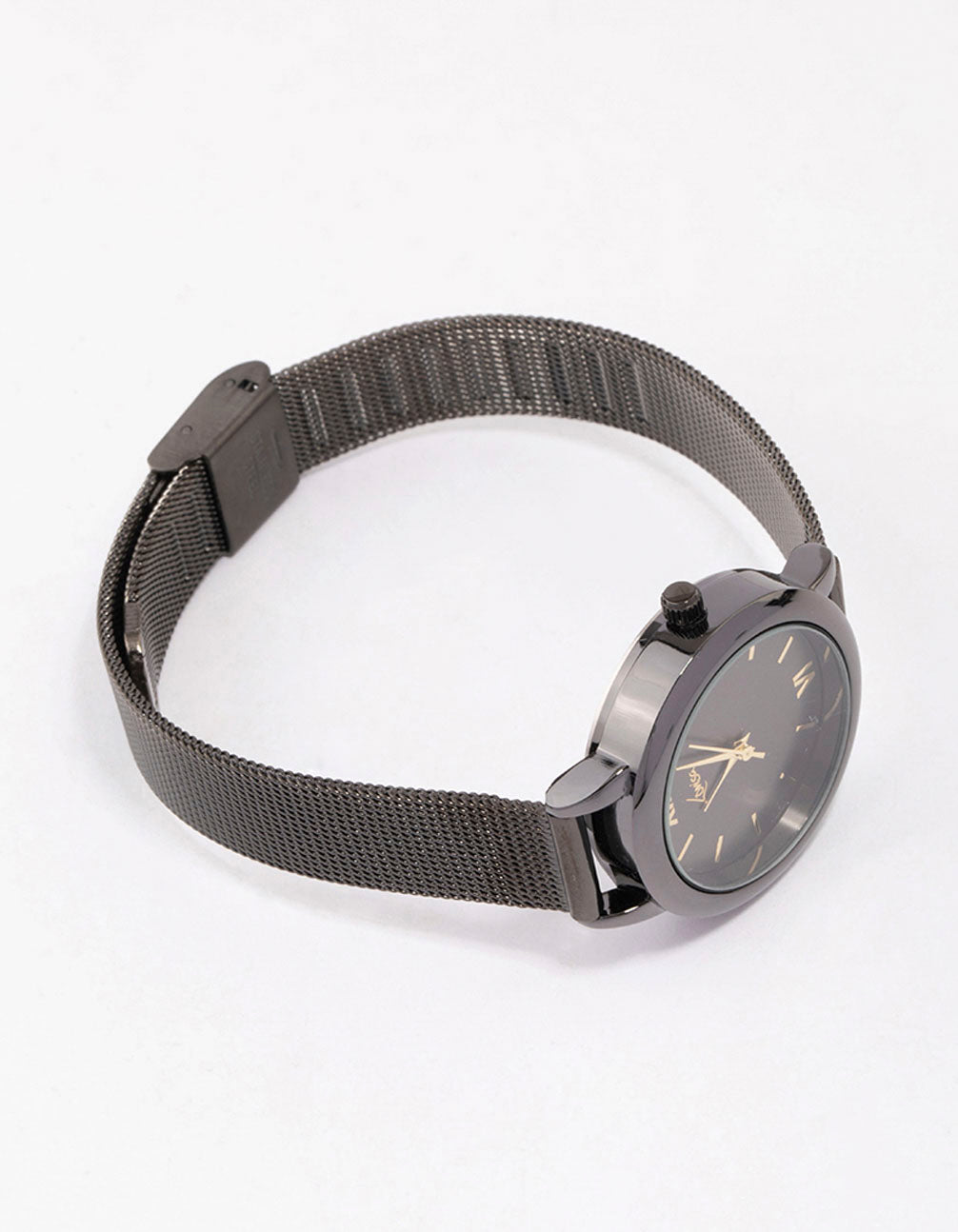 Women's black thin simple mesh watch with roman numerals featuring a round dial shape designed for casual occasions in analog type front view