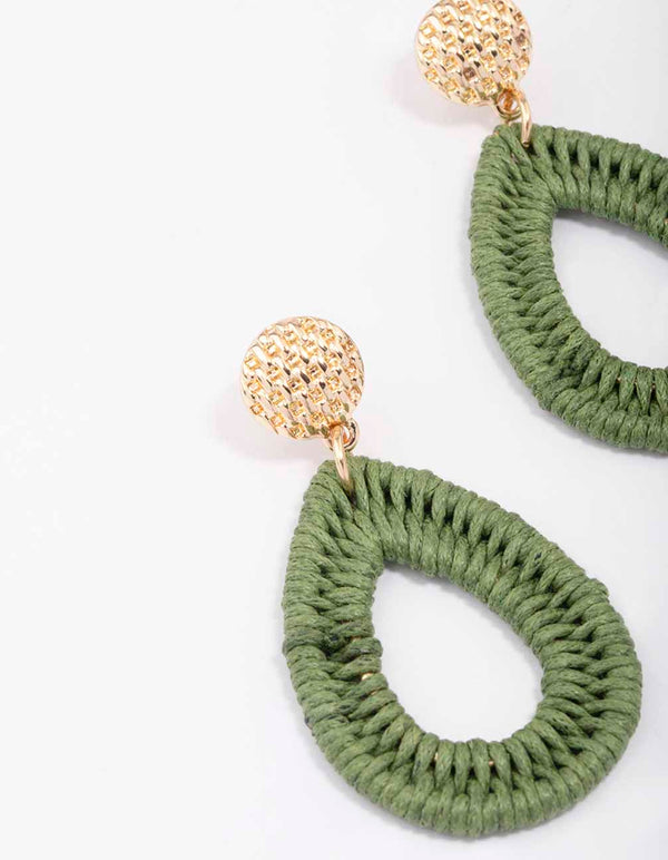 Gold & Green Oval Raffia Stud Drop Earrings