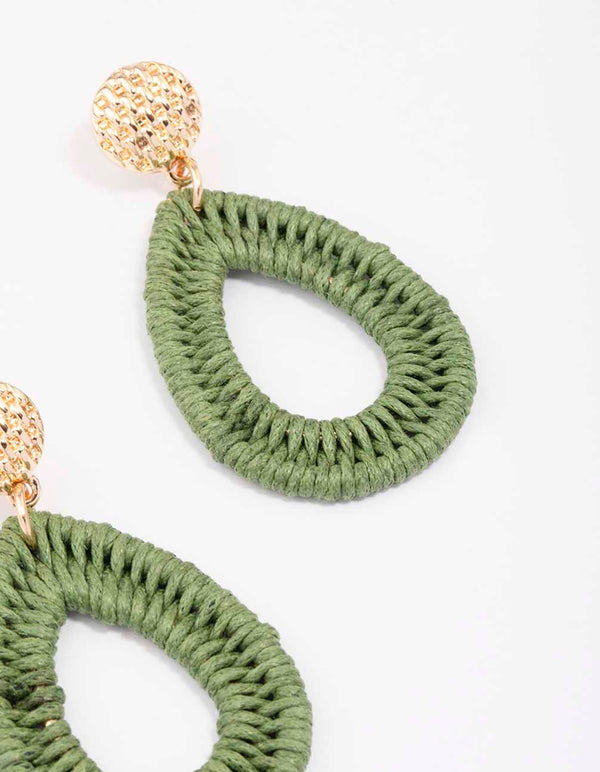 Gold & Green Oval Raffia Stud Drop Earrings