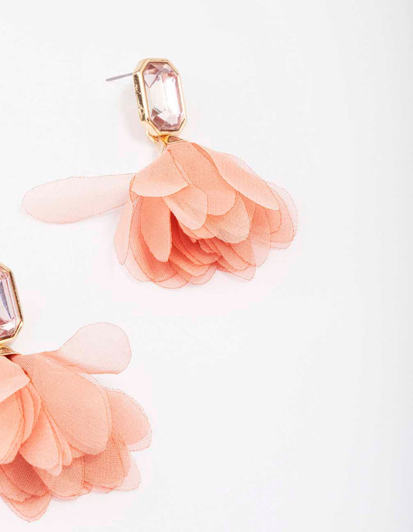 Gold Diamante Floral Fabric Drop Earrings