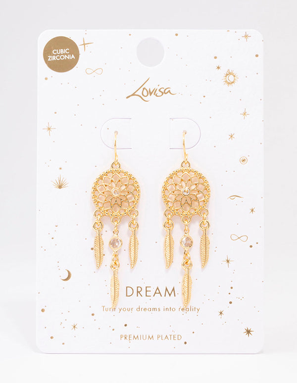 Gold Plated Dream Catcher Drop Earrings