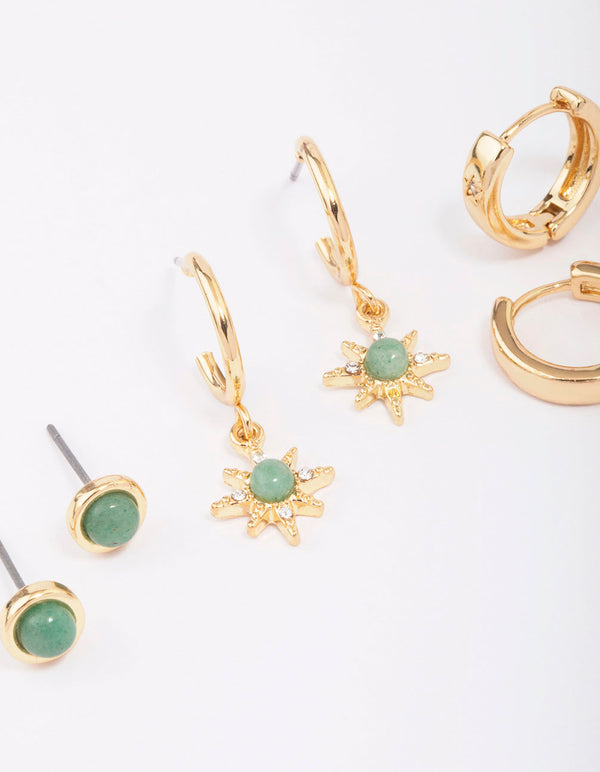 Gold Plated Green Aventurine Celestial Earring 3-Pack