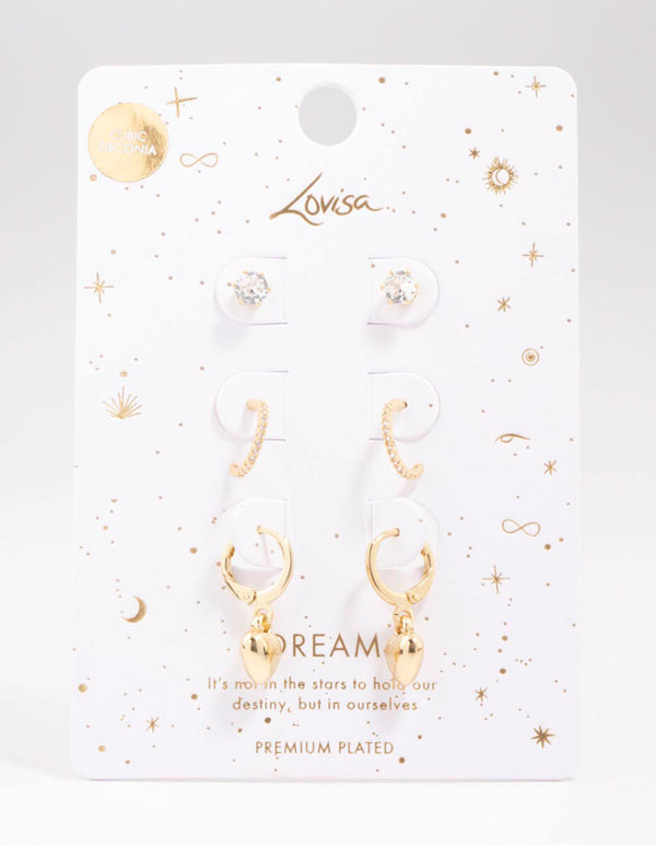 Gold Plated Puffy Heart Earring 3-Pack
