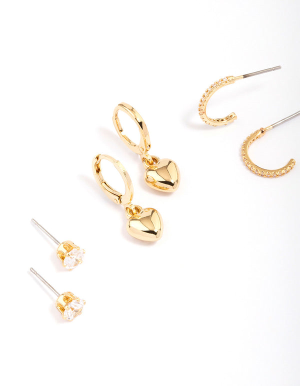 Gold Plated Puffy Heart Earring 3-Pack