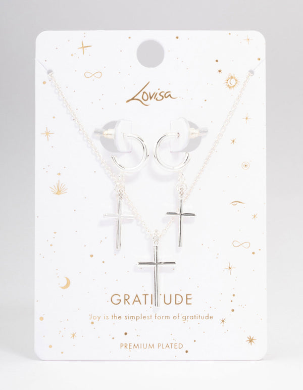 Silver Plated Sleek Cross Necklace & Earring Jewellery Set
