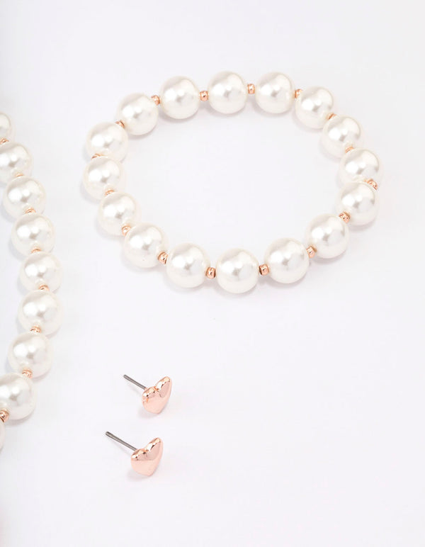 Rose Gold Pearl Puffy Heart Matching Jewellery Set