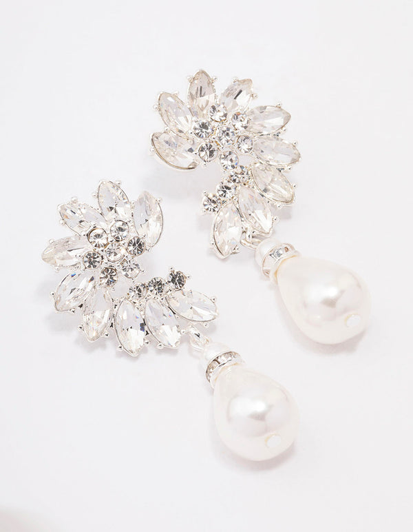 Silver Diamante & Pearl Drop Earrings