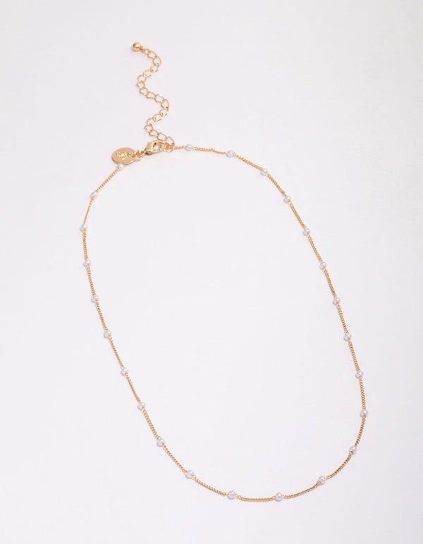 Gold Pearl Station Chain Necklace