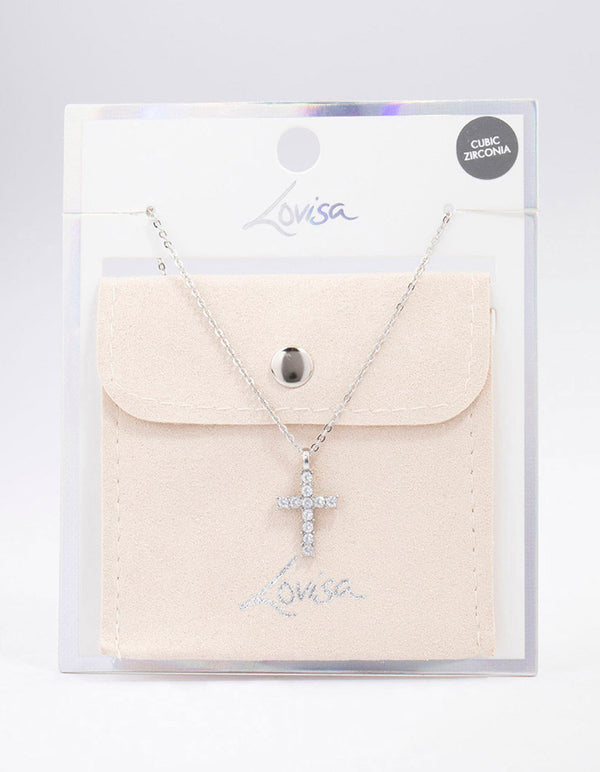 Silver Bezel Diamante Cross Necklace