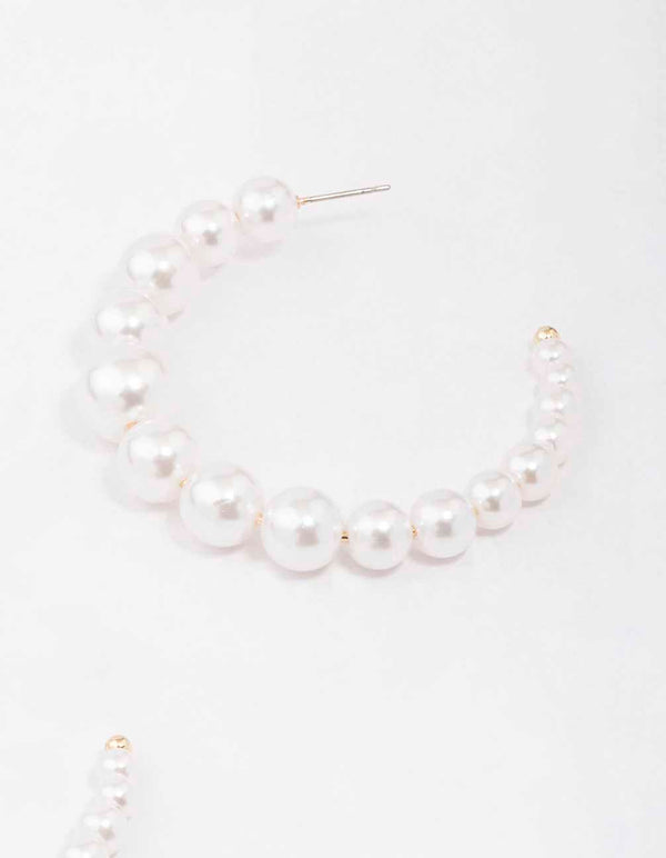 Gold Medium Pearl Hoop Earrings