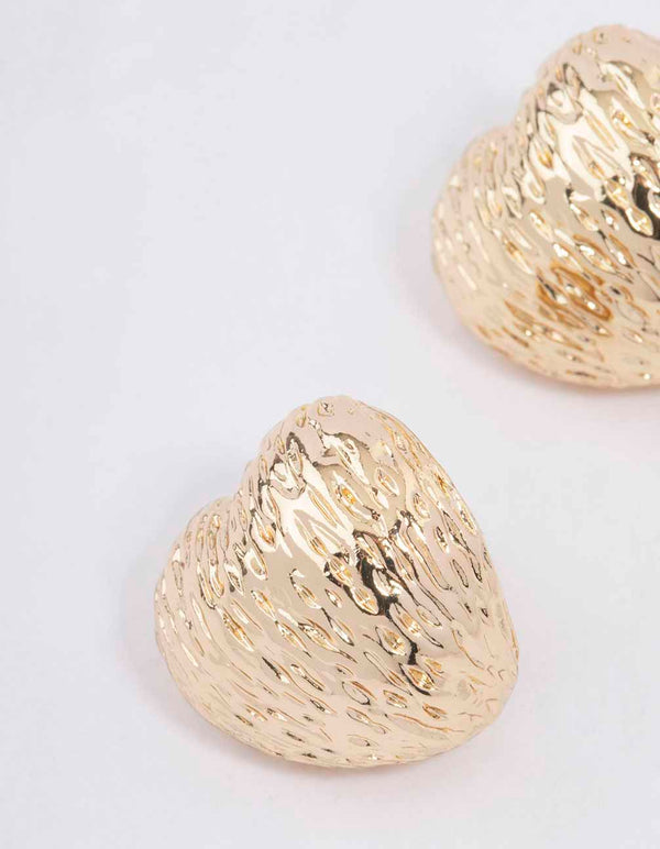 Gold Puffy Textured Heart Stud Earrings