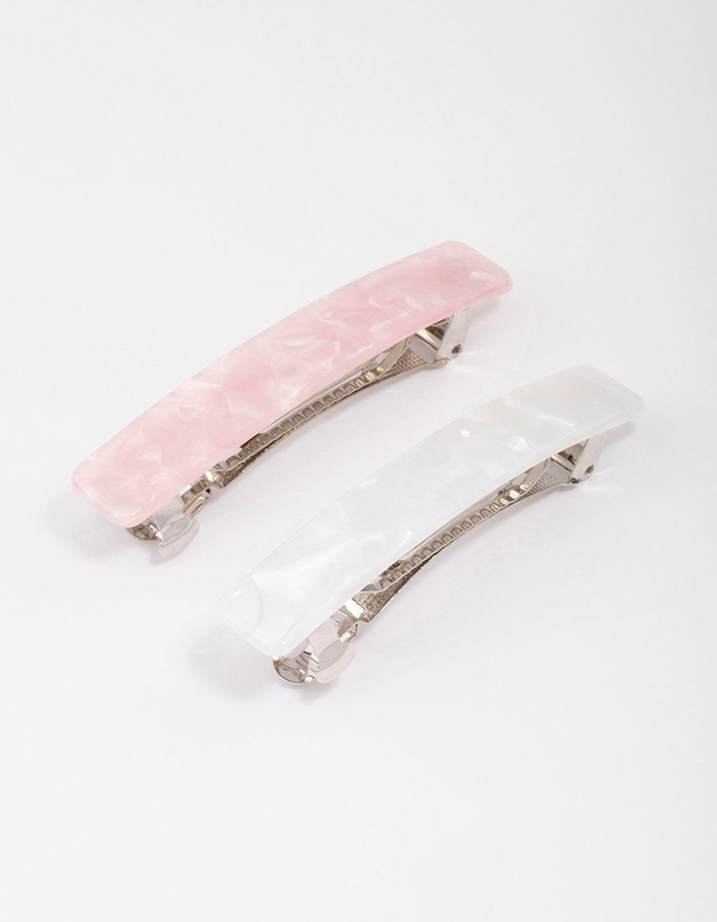 Showcasing pink and white marble barrette hair clips in silver hardware front view