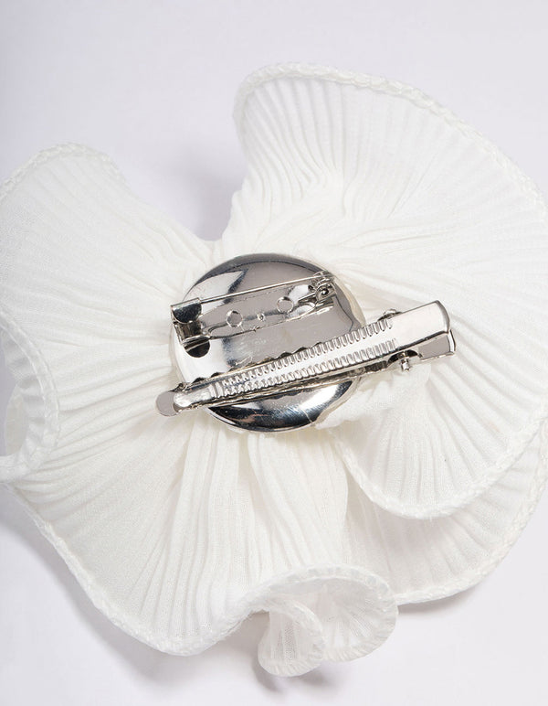 White Fabric Plisse Spiral Floral Hair Clip