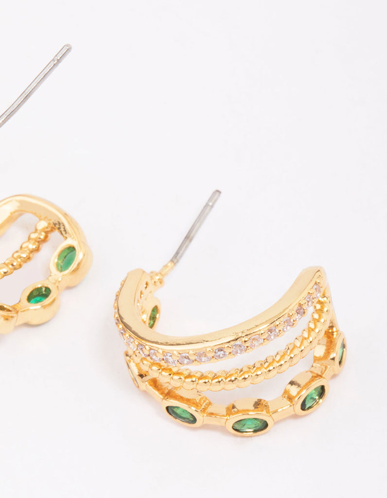 Mixed Pave Triple Illusion Hoop Earrings Pale Gold