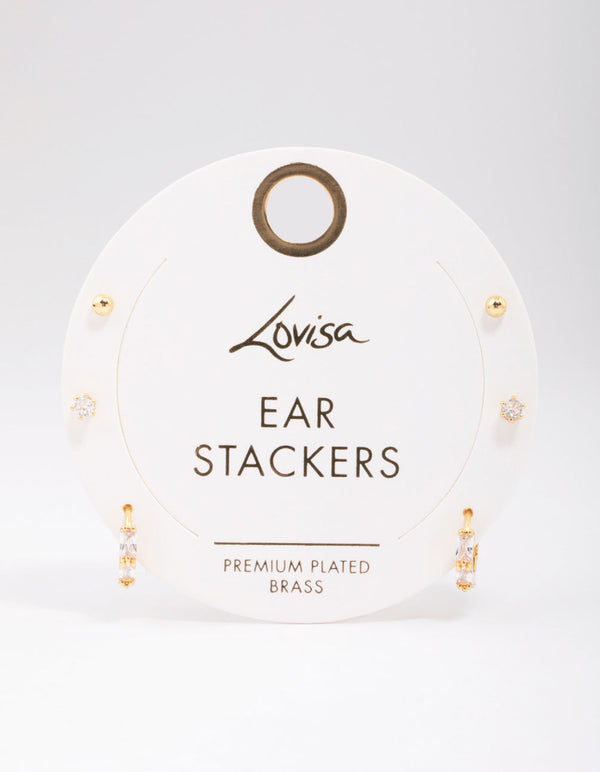 Gold Plated Brass Baguette Gold Ball Earring 6-Pack