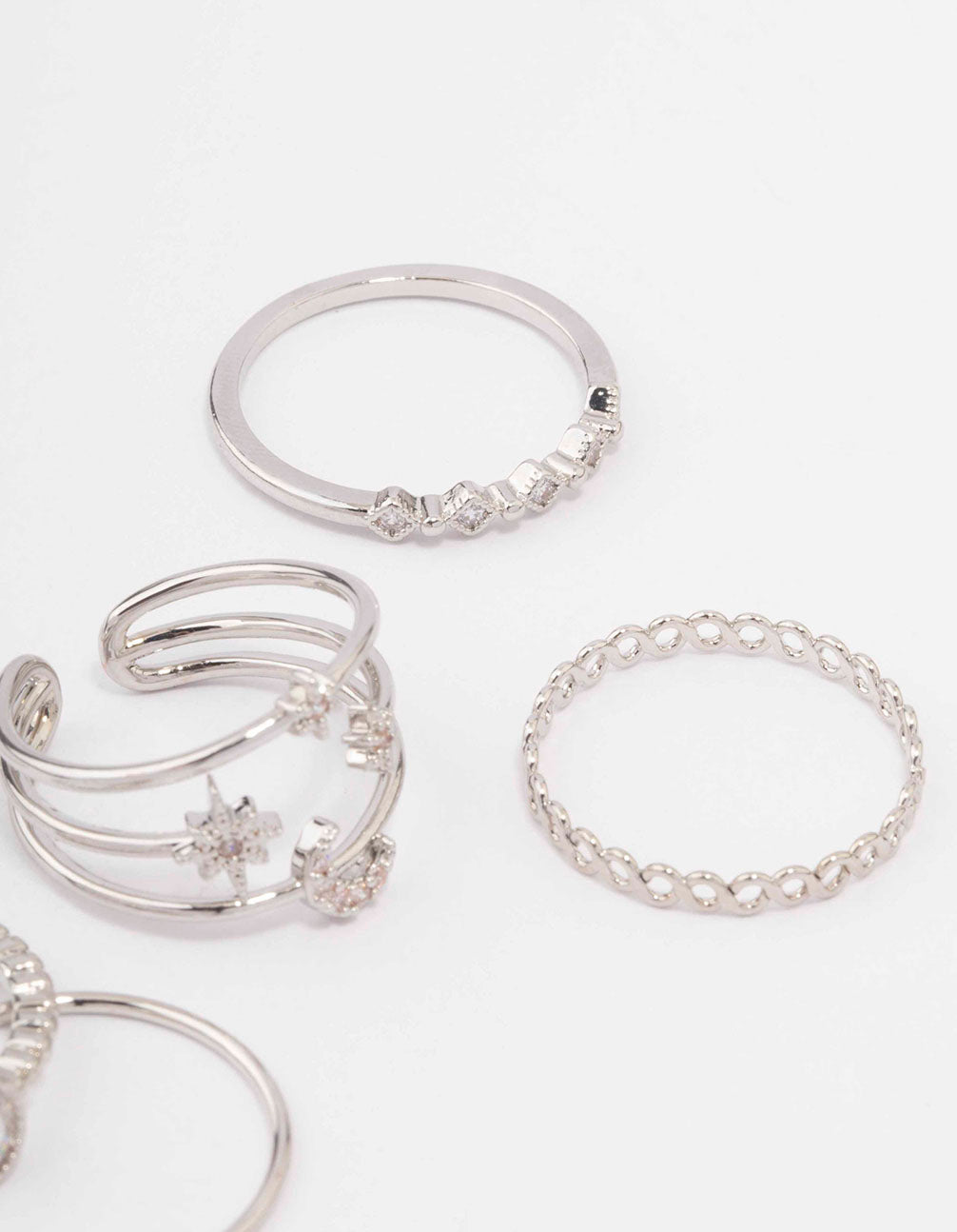 Silver Cubic Zirconia Moon & Stars Rings 5-Pack