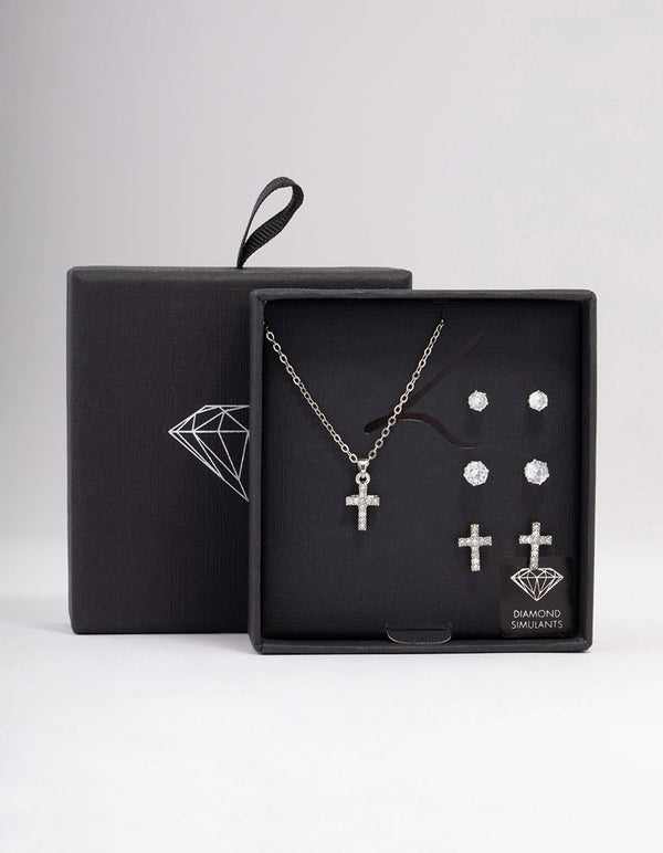 Silver Cross Necklace & Earring Jewellery Set