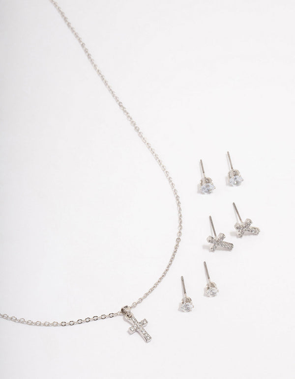 Silver Cross Necklace & Earring Jewellery Set