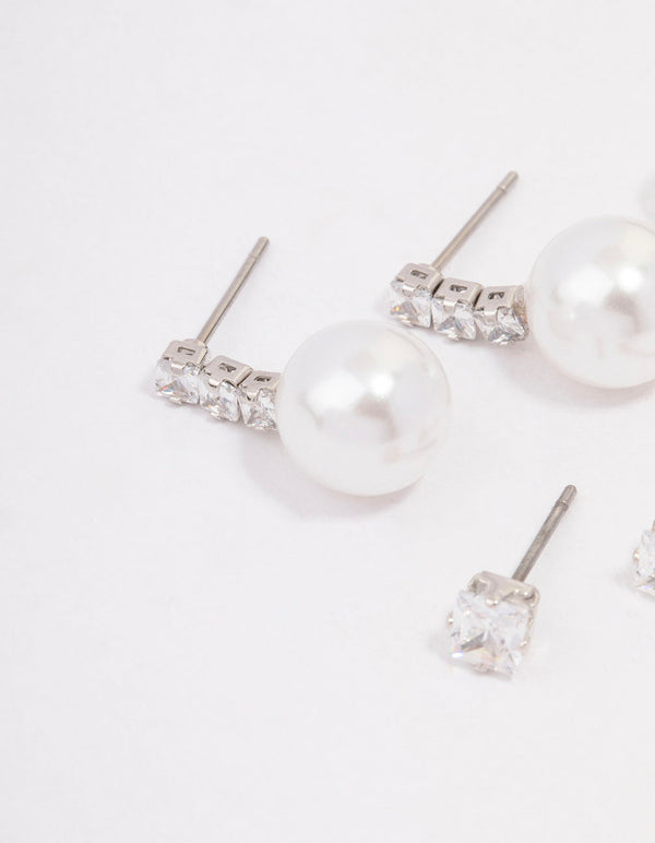 Silver Cubic Zirconia & Pearl Stud Earring 3-Pack