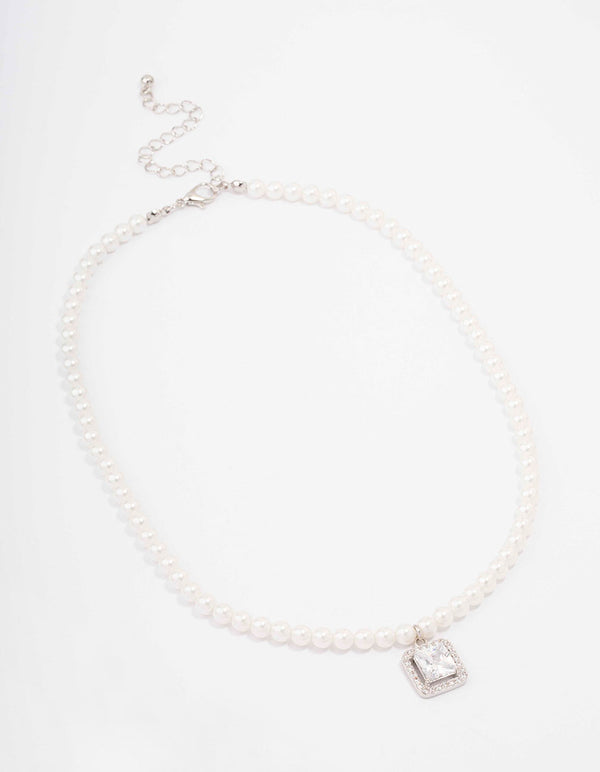 Silver Pearl & Solitaire Diamante Pendant Necklace