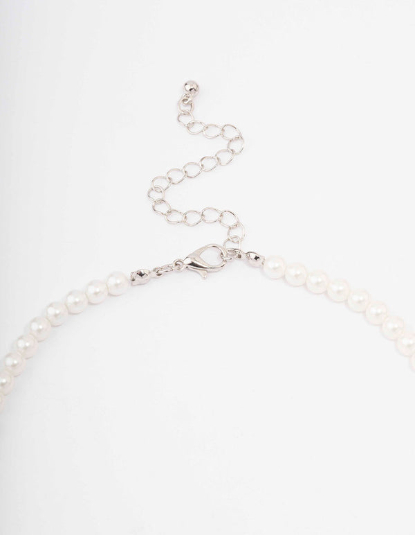 Silver Pearl & Solitaire Diamante Pendant Necklace