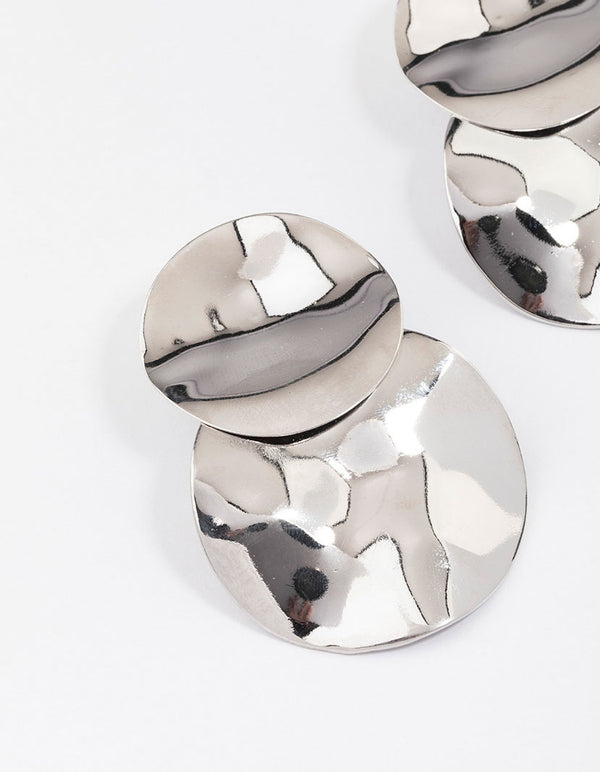 Silver Double Wave Disc Drop Earrings