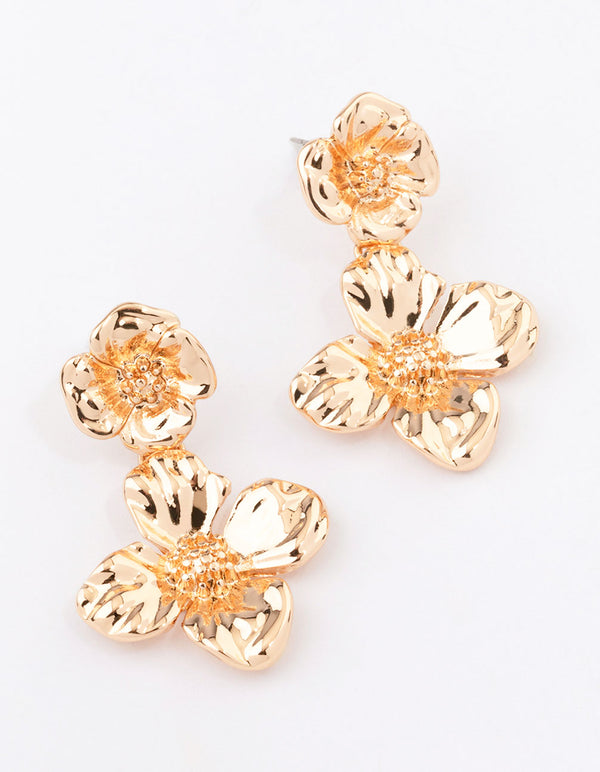 Gold Flat Flower Drop Earrings