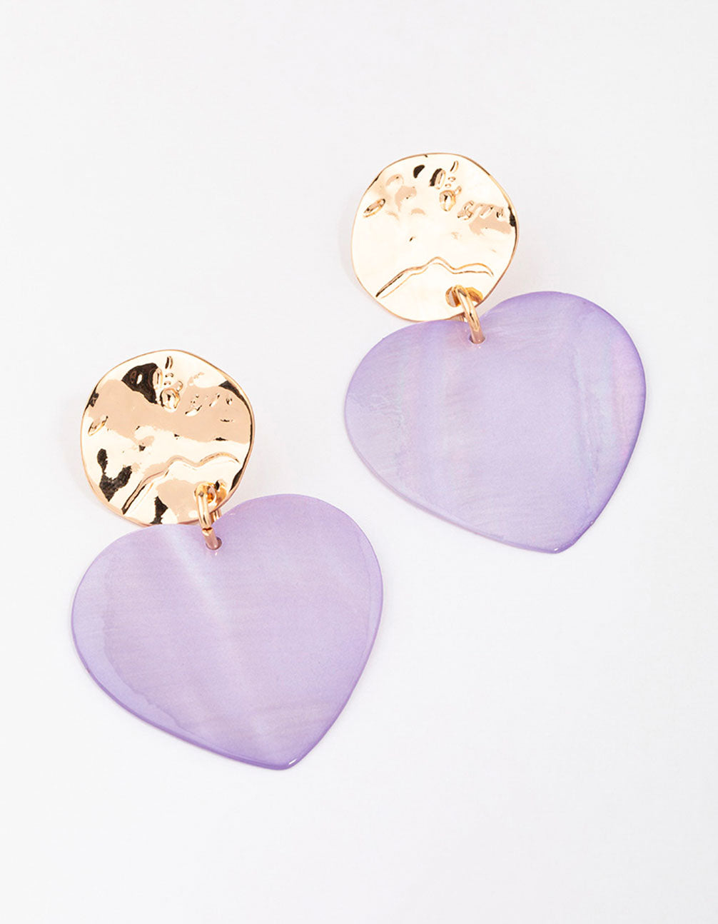 Gold & Lilac Genuine Shell Iridescent Heart Drop Earrings