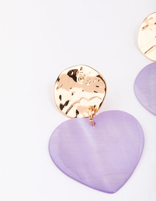 Gold & Lilac Genuine Shell Iridescent Heart Drop Earrings