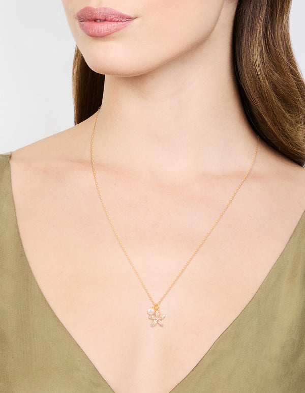 Gold Plated Sterling Silver Starfish Freshwater Pearl Chain Necklace