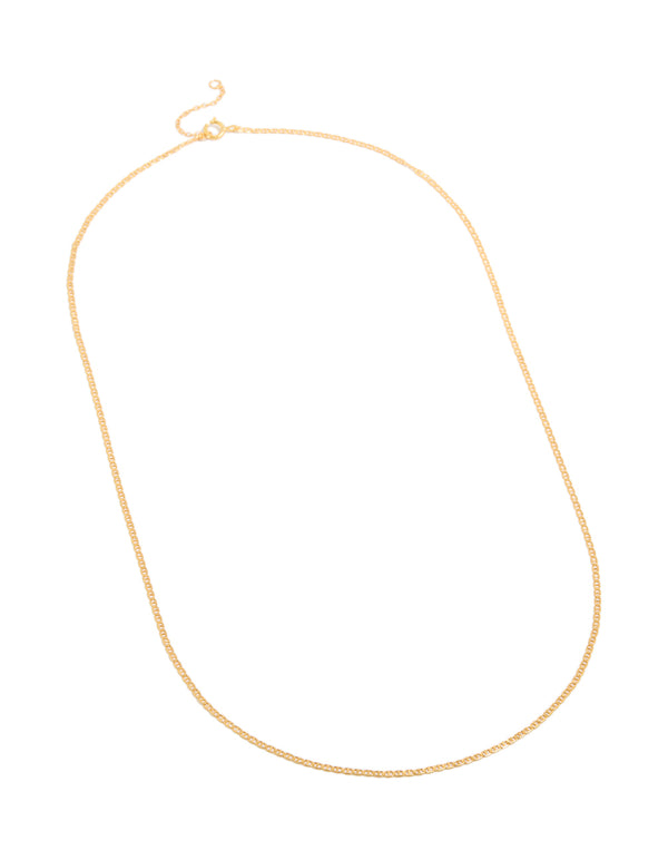 Featuring gold plated sterling silver material, this long chain necklace with dainty design front view