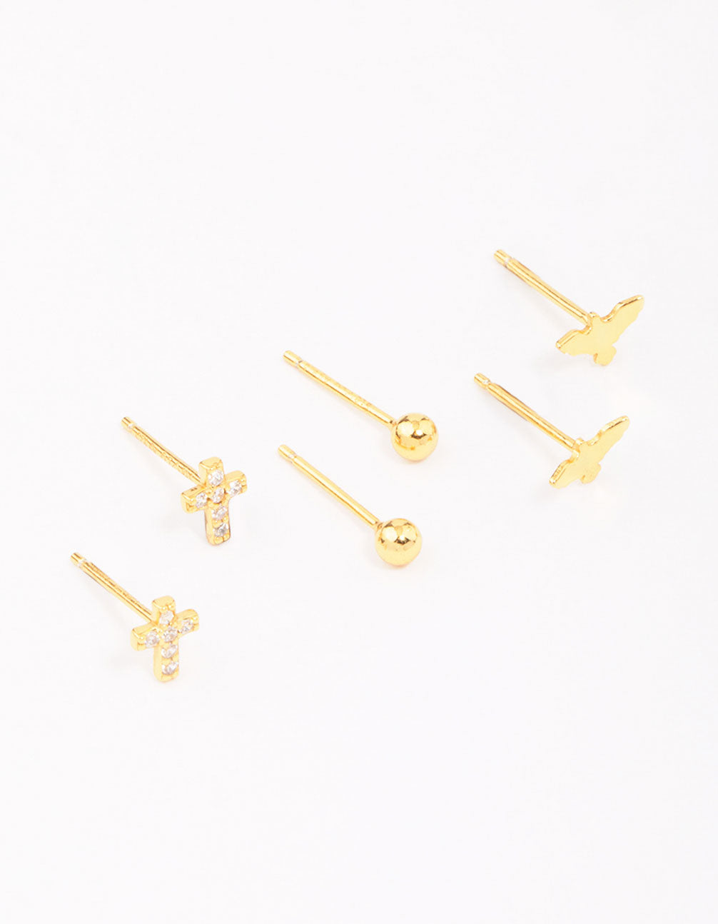 Gold Plated Sterling Silver Bird & Rose Stud Earring 3-Pack