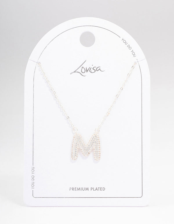Letter M Silver Plated Pave Pendant Initial Necklace