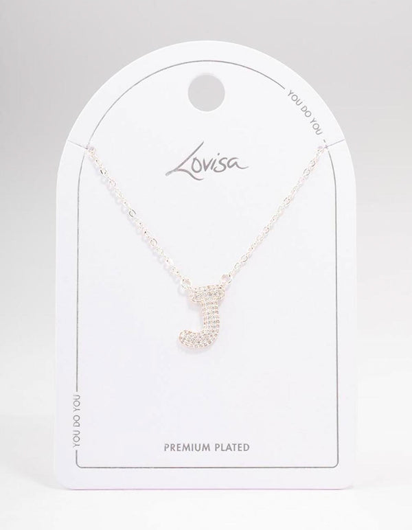 Letter J Silver Plated Pave Pendant Initial Necklace
