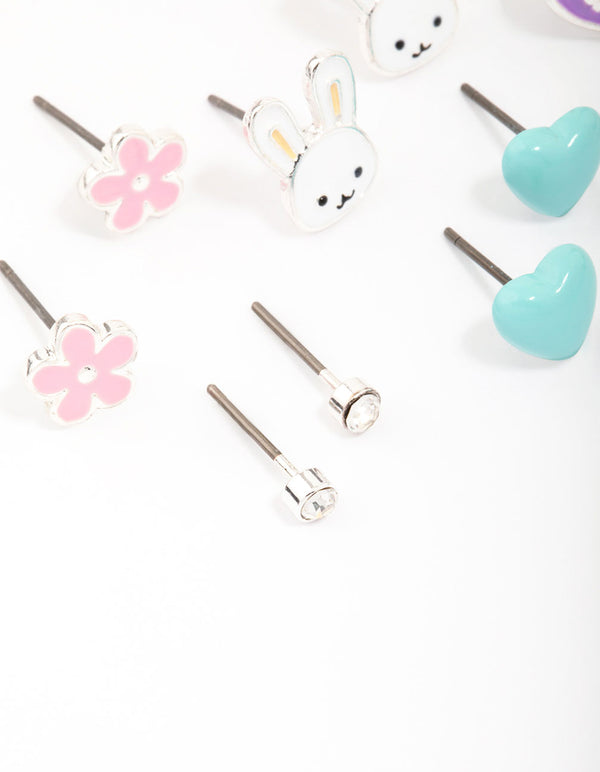 Kids Silver Easter Bunny & Heart Stud Earring 6-Pack