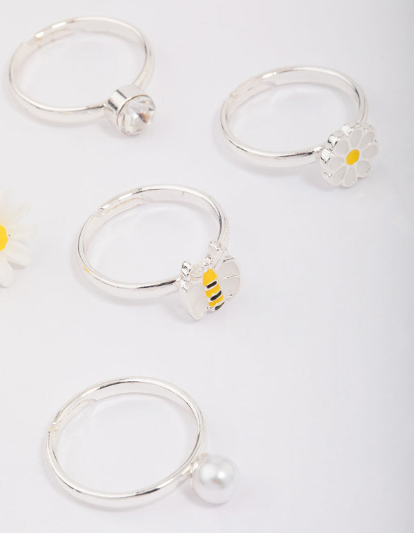 Kids Silver Daisy & Bumble Bee Ring 6-Pack
