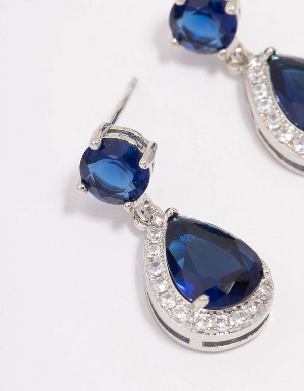 Silver Sapphire Stone Teardrop Drop Earrings