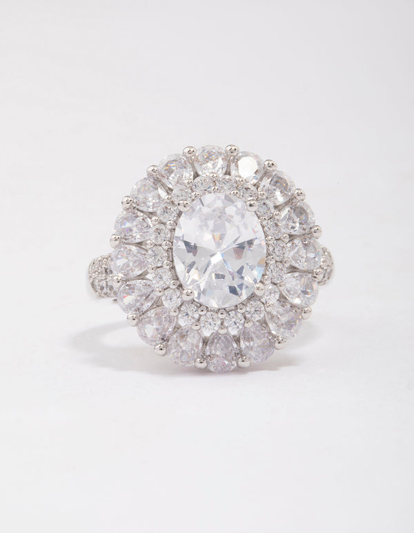 Silver Glistening Cubic Zirconia Oval Cocktail Ring