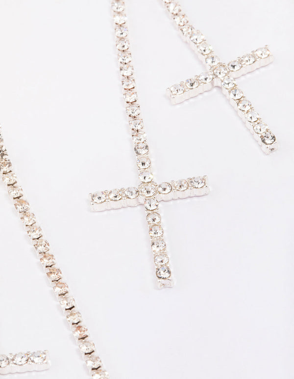 Silver Double Cross Cup Chain Drop Earrings