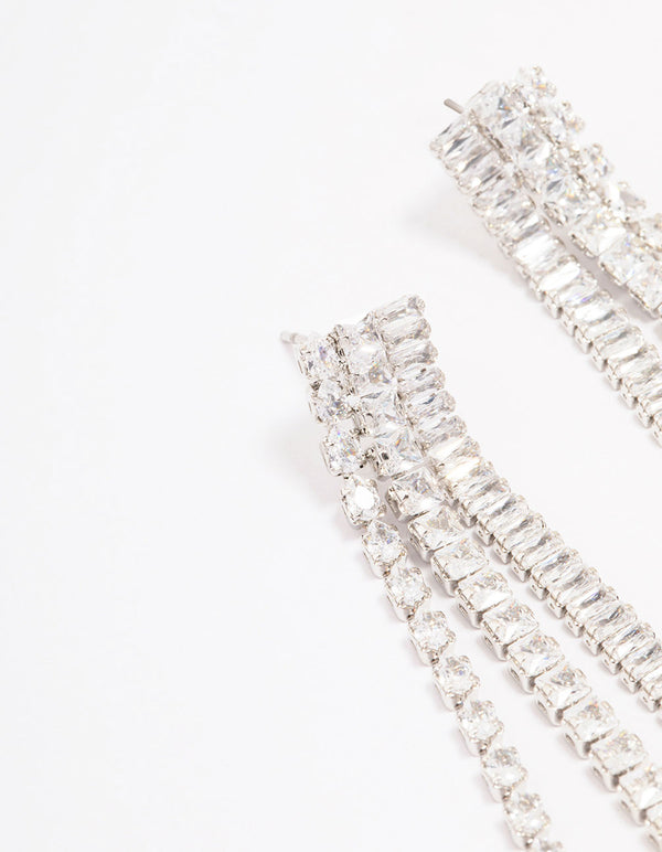 Silver Cubic Zirconia Diamante Triple Row Drop Earrings