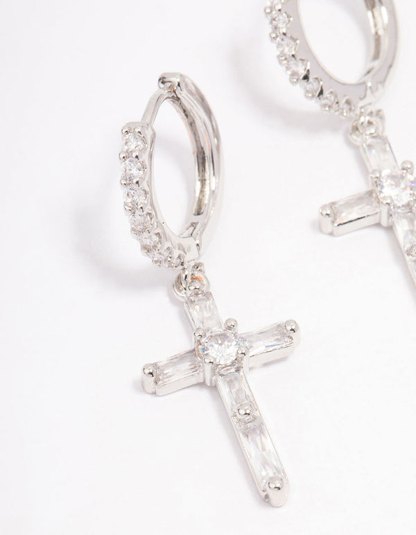Silver Cubic Zirconia Cross Huggie Hoop Earrings