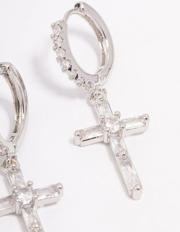 Silver Cubic Zirconia Cross Huggie Hoop Earrings