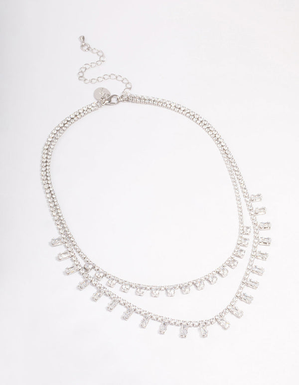 Silver Cubic Zirconia Round Baguette Layered Necklace