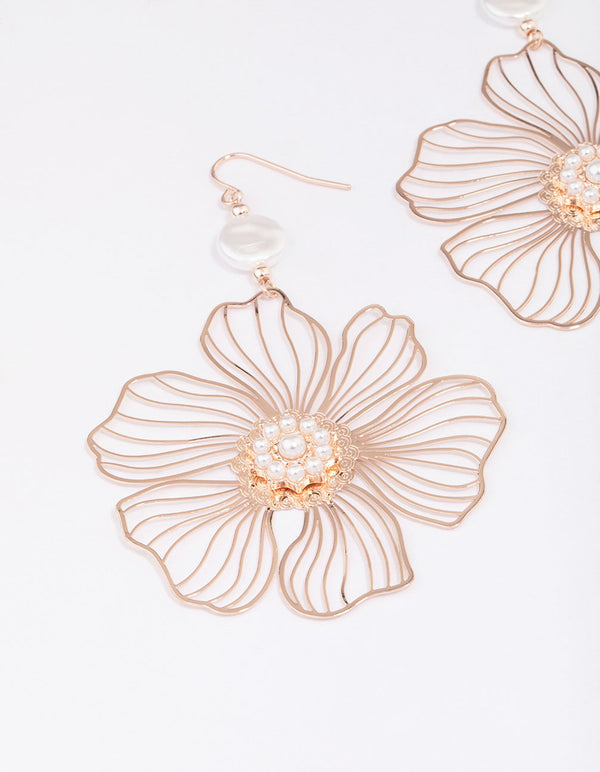 Rose Gold Wire Flower Pearl Drop Earrings