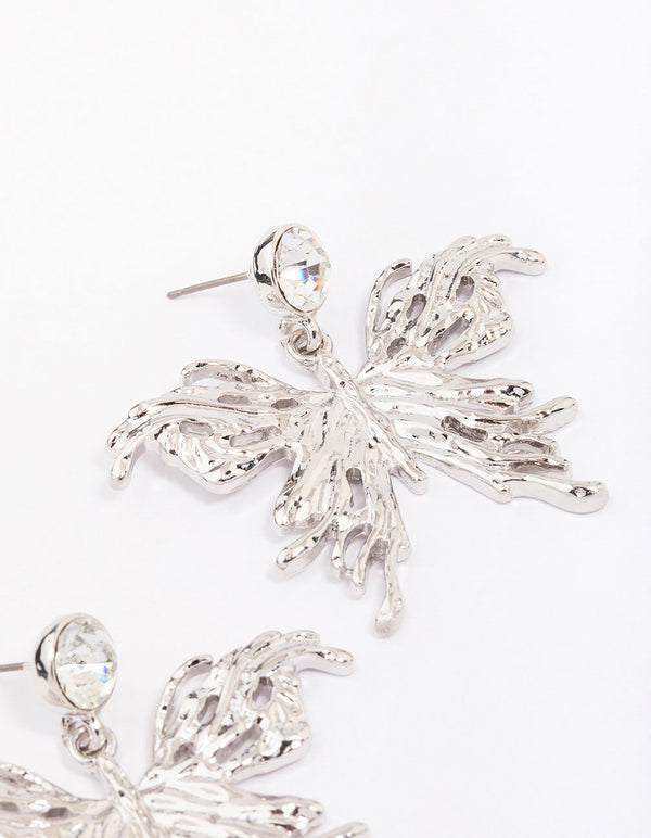 Silver Diamante Goth Butterfly Drop Earrings